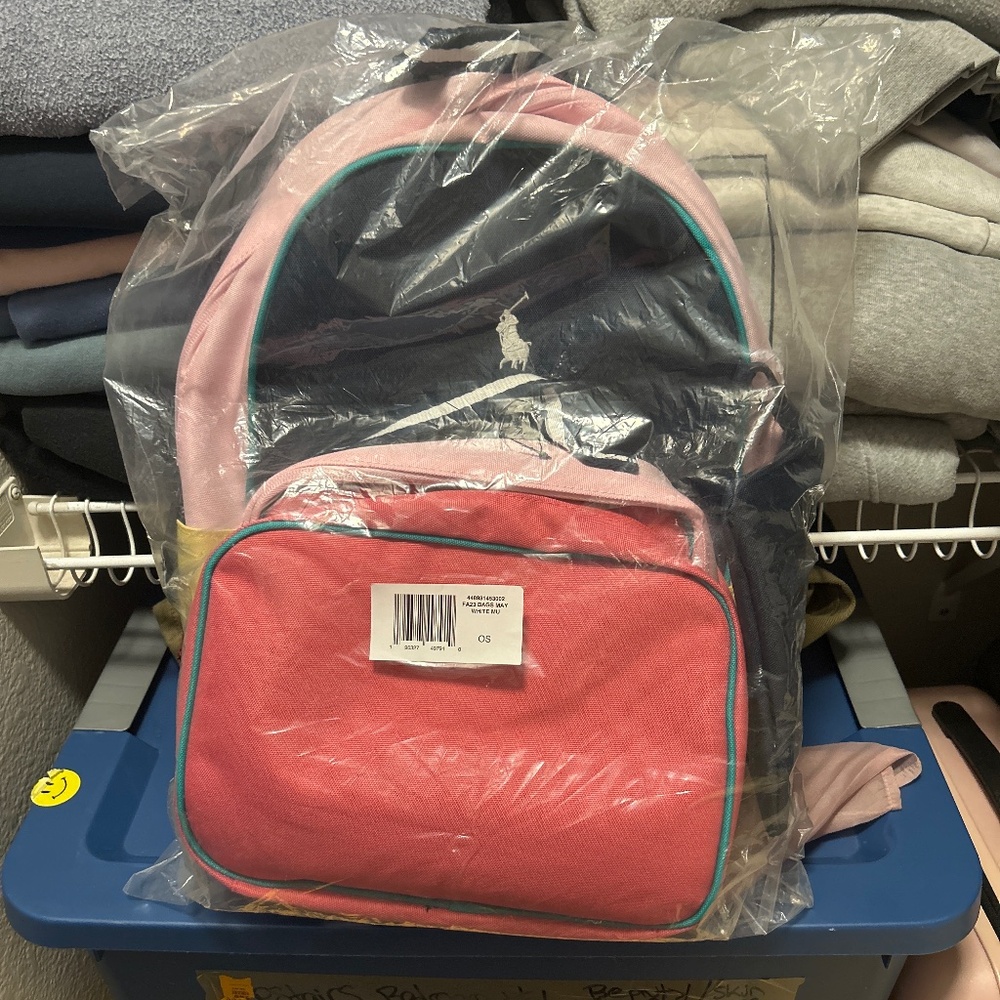NEW ! Polo Ralph Lauren Pink Backpack & Lunch Tote Set